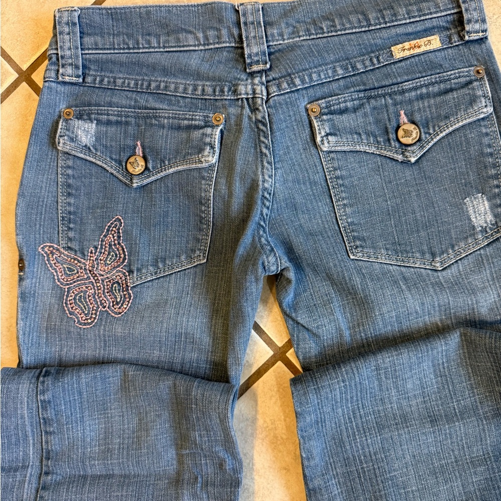 Frankie B. Blue Boot Cut Jeans with Butterfly Detail